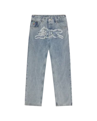 Applique running dog double scoop denim pants