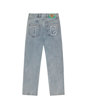 Applique running dog double scoop denim pants