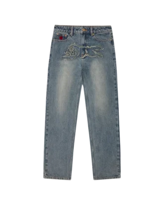 Womens distressed running dog denim pants